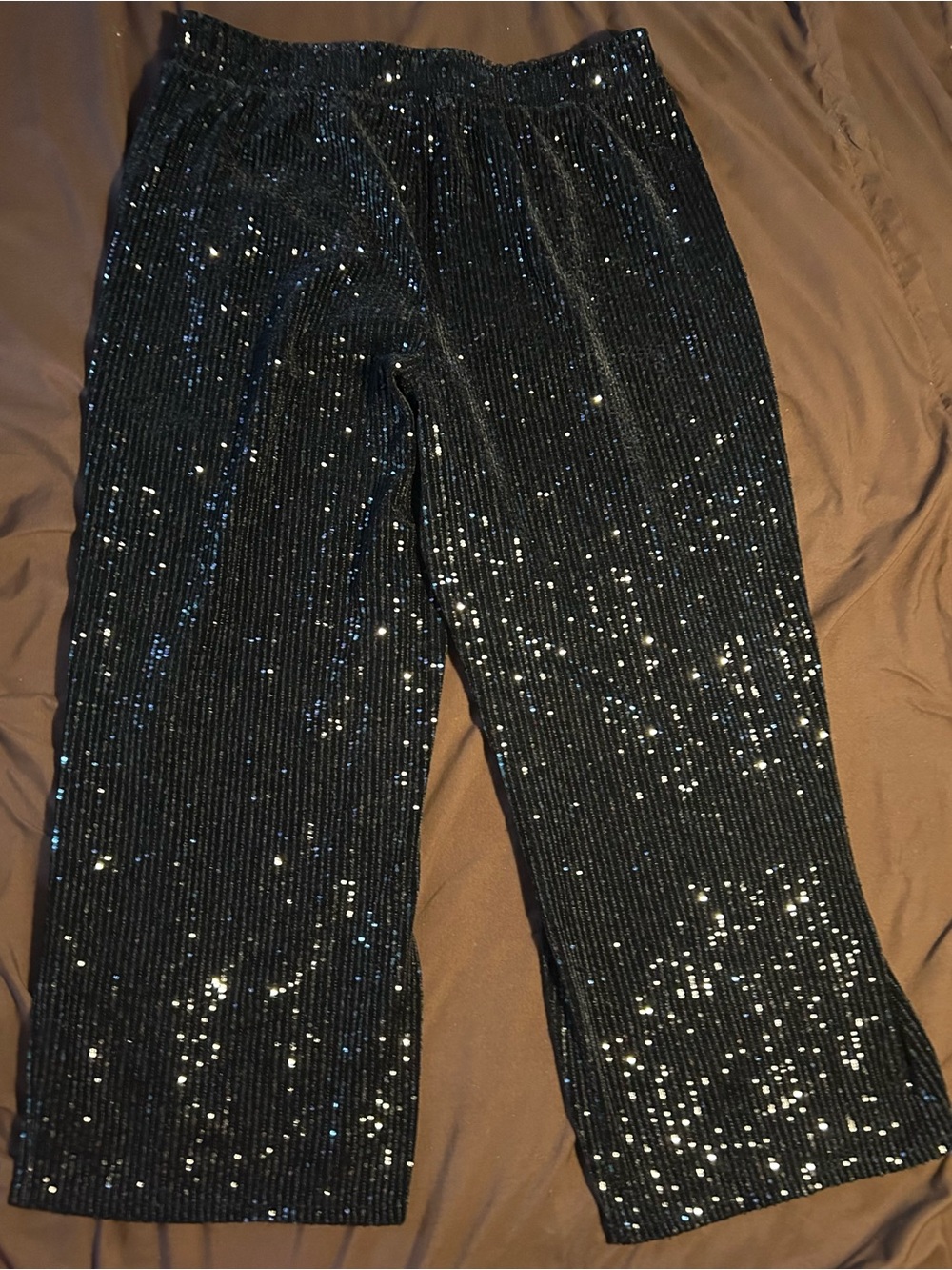 Black Sequin Wide-Leg Pull-On Pants
